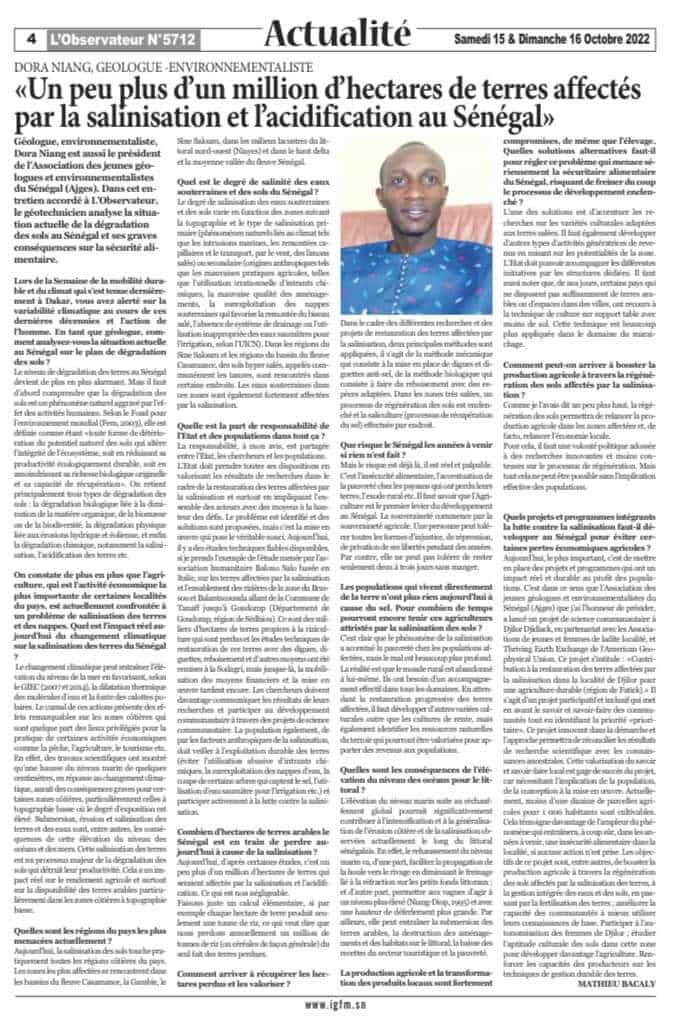 Entretien accordé au journal l'Observateur sur la dégradation des terres notamment la salinisation et l'acidification des sols au Sénégal. Page 4
<a href="/Macky_Sall/">Macky Sall</a> <a href="/PR_Senegal/">Présidence Sénégal</a> <a href="/Ajges01/">Jeunes géologues et environnementalistes Sn(AJGES)</a> <a href="/UEauSenegal/">UE au Sénégal</a> @Minesgeo_SN <a href="/Jve_Senegal/">JVE SENEGAL 🇸🇳</a> <a href="/osideasn/">OSIDEA</a> <a href="/Dakclim/">Plateforme Dakar Agit pour le Climat</a> <a href="/GeoTenerife/">GeoTenerife</a>