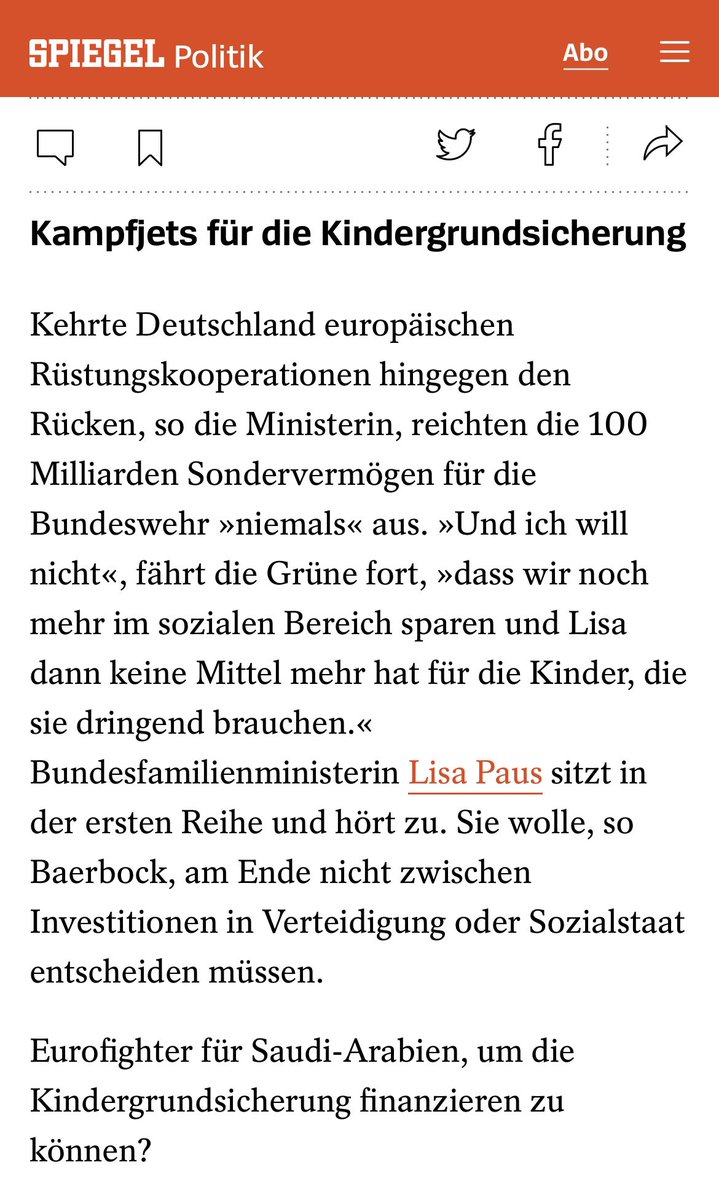 Ich hab viele schlechte Argumente für Waffenlieferungen gehört, aber das ist die mit Abstand bekloppteste Begründung: Waffen an #SaudiArabien, damit man in Deutschland die Kindergrundsicherung finanzieren kann? Menschenrechte gegen Soziales auszuspielen ist perfide. #Baerbock