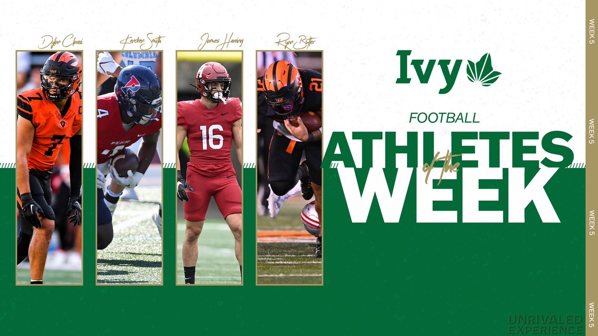 After strong performance that helped lead their teams to victories, @PrincetonFTBL's Dylan Classi and Ryan Butler as well as @PENNfb's Kendren Smith and @HarvardFootball's James Herring earned weekly Ivy football honors. 🌿🏈 📰 » ivylg.co/FB101722