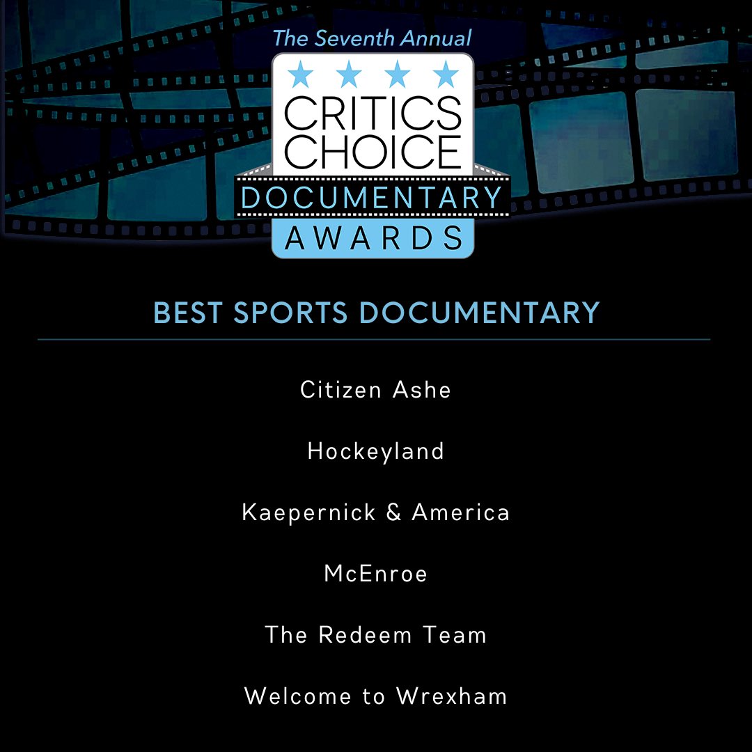 CriticsChoice's tweet photo. Announcing the nominees for BEST SPORTS DOCUMENTARY  for the 7th Annual #CriticsChoice Documentary Awards Presented by @natgeodocs Films!  Winners will be revealed at a gala event Nov 13th in Manhattan NY
#SPORTS
#CCDOC #CCDocumentary #CCADocumentary #CCADOCUMENTARY @Showtime https://t.co/rJiL7VXJlU