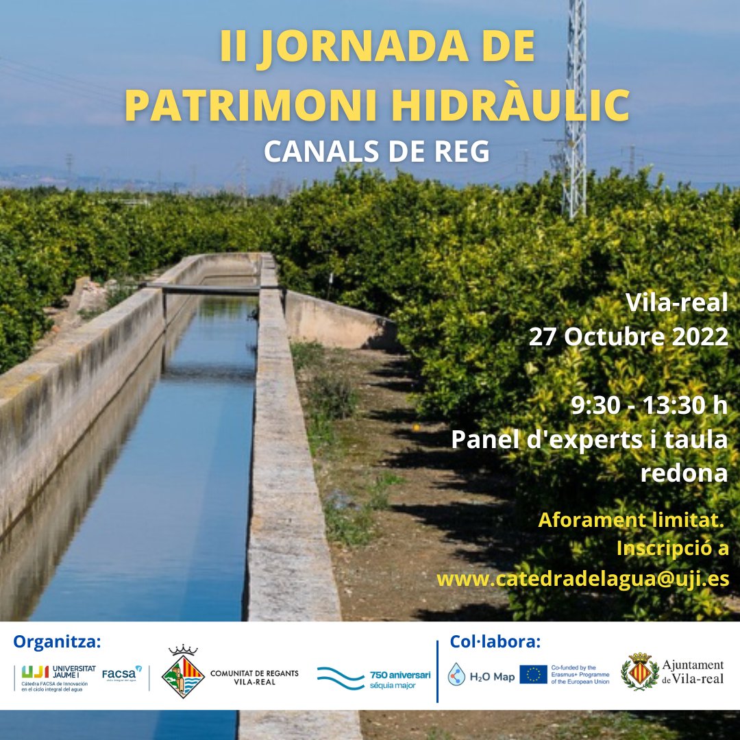 H2OMapProject's tweet photo. 📢 4th Multiplier Event:
In October 27th, we organize, together with the Comunitat de Regants of Vila-real, the 2nd Conference on Hydraulic Heritage. Now the event will focus on irrigation canals.
📌Event with limited seats. You can register in this link: https://t.co/FIe2lS9uWr https://t.co/jAoJuZAwDj