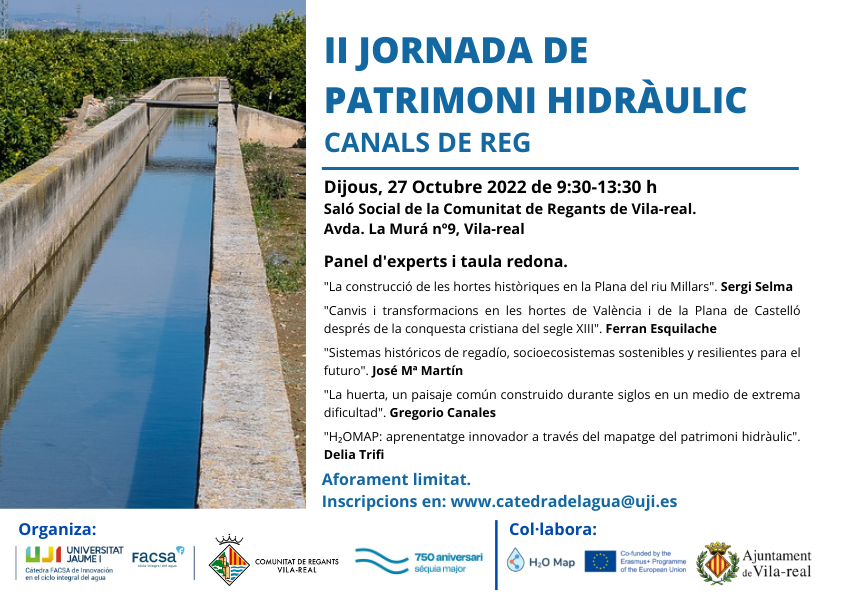 H2OMapProject's tweet photo. 📢 4th Multiplier Event:
In October 27th, we organize, together with the Comunitat de Regants of Vila-real, the 2nd Conference on Hydraulic Heritage. Now the event will focus on irrigation canals.
📌Event with limited seats. You can register in this link: https://t.co/FIe2lS9uWr https://t.co/jAoJuZAwDj