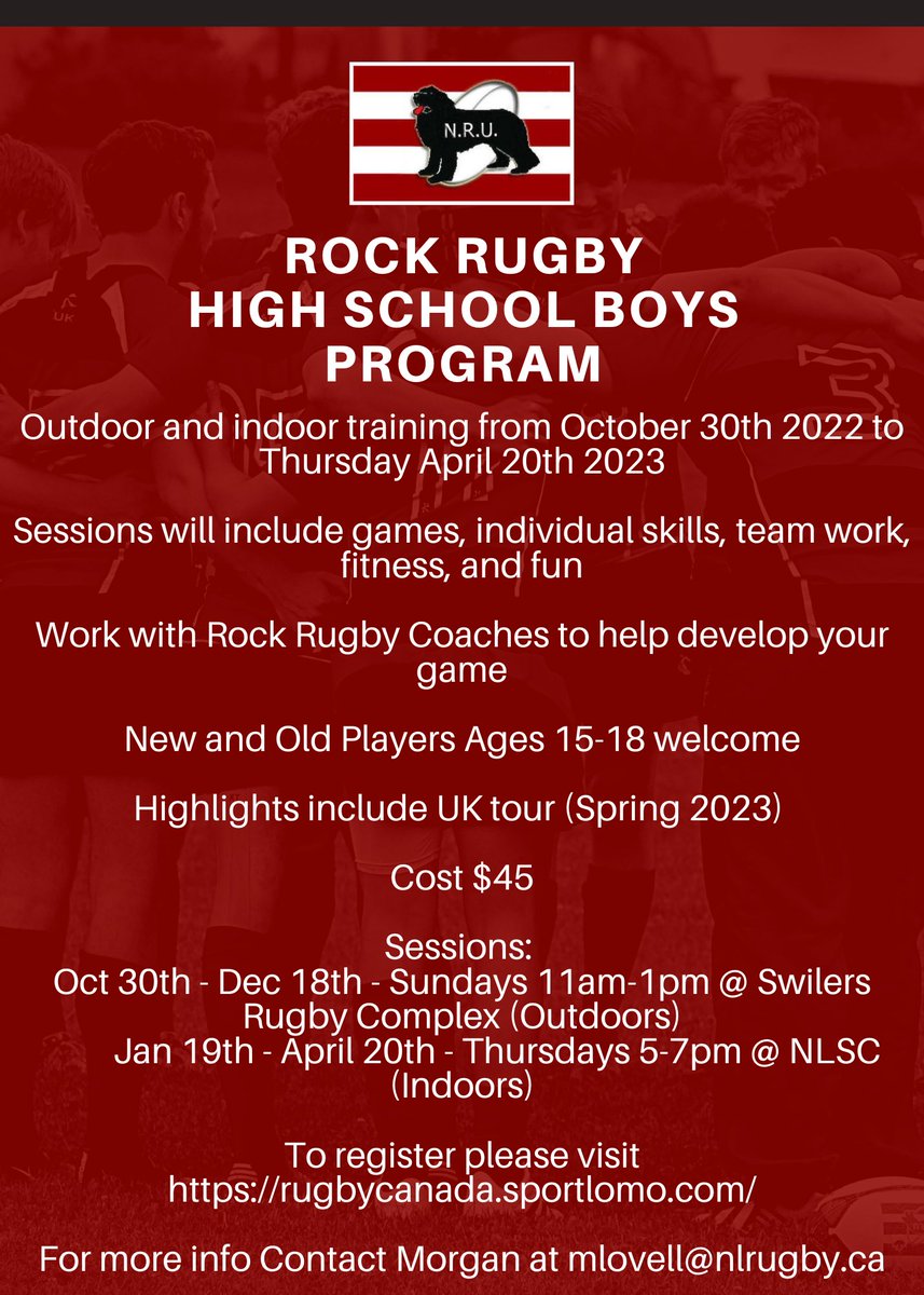 The NLRU are pleased to announce the Rock Rugby High School Boys program that will start on October 30th and run through April 20th, 2023!

This is a great program for everyone to attend and will include a tour to the UK in the Spring of 2023.
