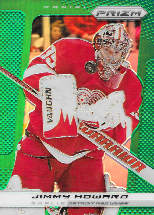card_boarded's tweet photo. Starting a new thread for my Jimmy Howard pickups. Up first is one I got a few months ago on eBay: 2013-14 Panini Prizm Green. I always liked Prizm hockey with all the parallels like this one. Still need a few more to complete the 🌈 though. #collect #JimmyHoward https://t.co/laVfeCp7Yq