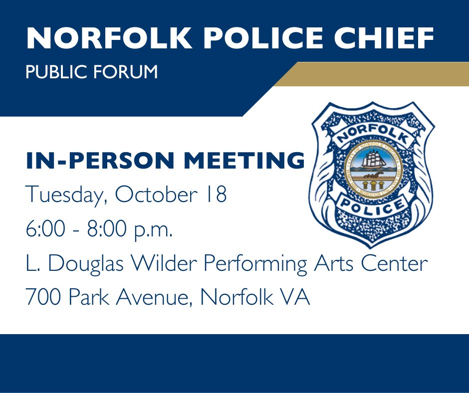 NorfolkVA's tweet photo. Morris &amp; McDaniel Management Consultants, the firm selected to assist in the search for @NorfolkPD's next Chief of Police, will offer an in-person public forum.

📅 Tues, Oct 18
⏰ 6:00 - 8:00 p.m.
📍 L. Douglas Wilder Performing Arts Center, 700 Park Ave

https://t.co/ETVEyVnzp8 https://t.co/3ZzpgmMRT3