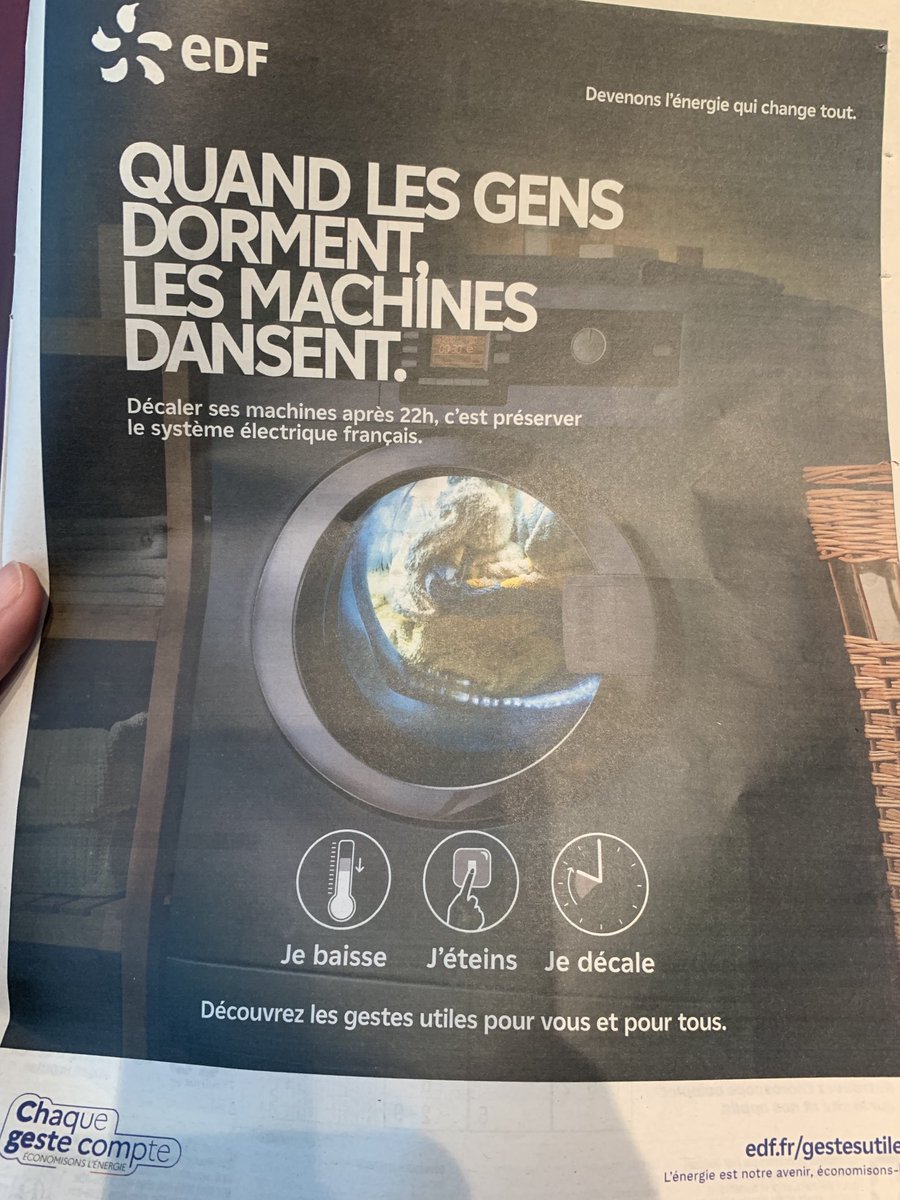 Fiphaine's tweet photo. Moi, j’imagine la tête de mes voisins si je me mets à la sobriété énergétique tel que proposé dans cette pub’ 👇🏻  (au diable, la sobriété sonore !) 😂 https://t.co/kxOsAhCwQA