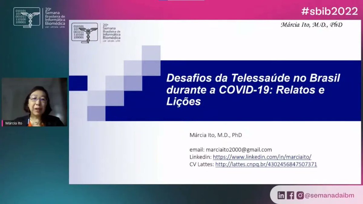 Em 26/09 apresentei a palestra "Desafios da Telessaúde no Brasil durante a COVID-19: Relatos e Lições" na 20a. SBIB. Esta apresentação é o resultado de uma revisão rápida da literatura que fiz em julho deste ano. Disponível em: buff.ly/3S8oN2M  - 1:26:56.
