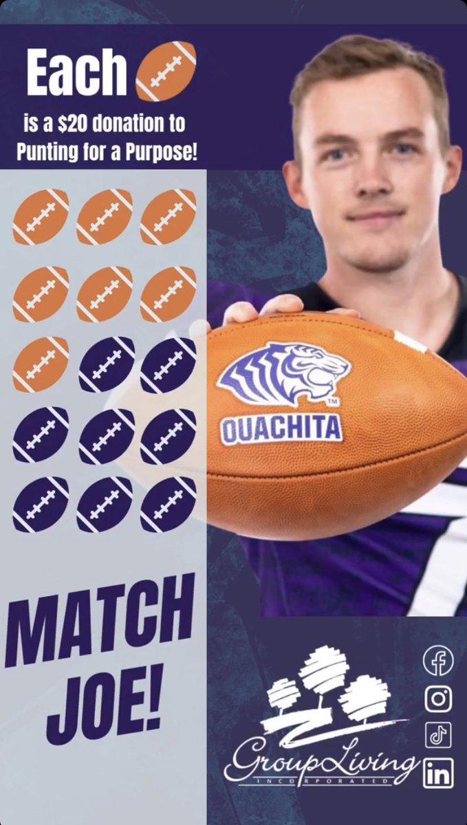 In last Saturday’s @OuachitaFB game against UAM, our punt team had two punts downed inside the 20-yard line. This added $40 to the Group Living Donation total, which is now at $140 for the season. Hit the link in my bio if you wish to donate #PuntingForAPurpose