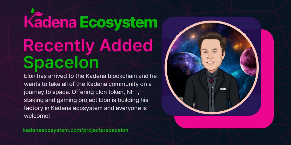🚨 RECENTLY ADDED 🚨

Welcome 
<a href="/spacelon_kda/">Spacelon Token</a>  
🌙

Elon has arrived to the Kadena blockchain and he wants to take all of the Kadena community on a journey to space. 

Learn more⬇️
kadenaecosystem.com/projects/krypt…