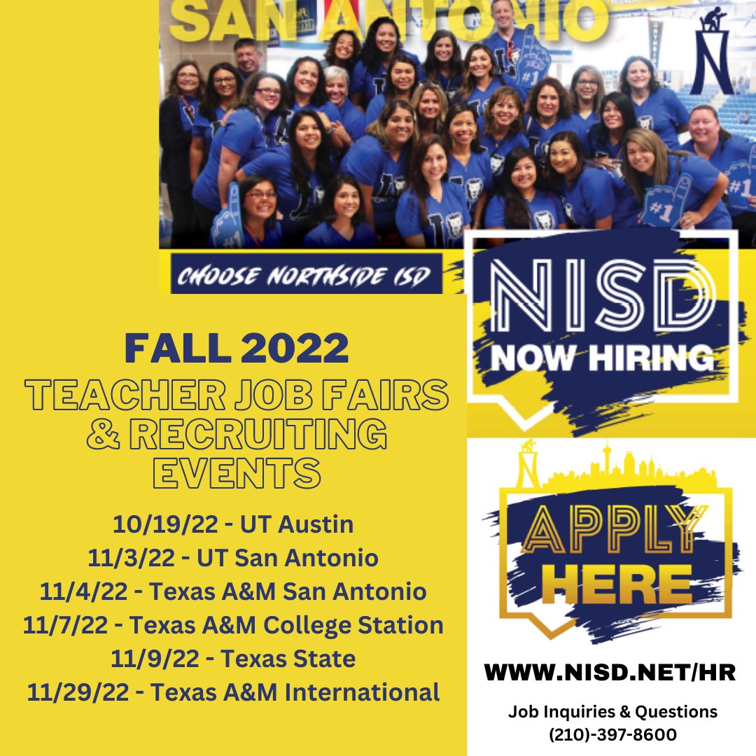 Prospective teachers, <a href="/nisdhr/">Northside ISD HR</a> is looking forward to meeting you this Fall! Come work with us after gradation! <a href="/UTAustin/">UT Austin</a> <a href="/UTSA/">UT San Antonio</a> <a href="/TAMUSanAntonio/">Texas A&M University-San Antonio</a> <a href="/TAMU/">Texas A&M University</a> <a href="/txst/">Texas State University</a> <a href="/txamiu/">Texas A&M International University</a>