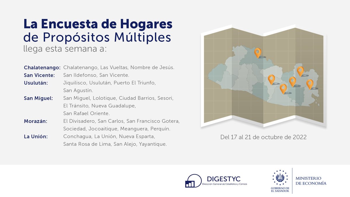 radioyskl's tweet photo. Del 17 al 21 de octubre, #DIGESTYC recabará datos socioeconómicos y demanda turística interna, a través del mapeo y encuestas:

✅ Hogares de Propósitos Múltiples #EHPM
✅ MITUR

Del 17 al 23 de octubre:
✅ Uso del Tiempo https://t.co/pBu45EZchM