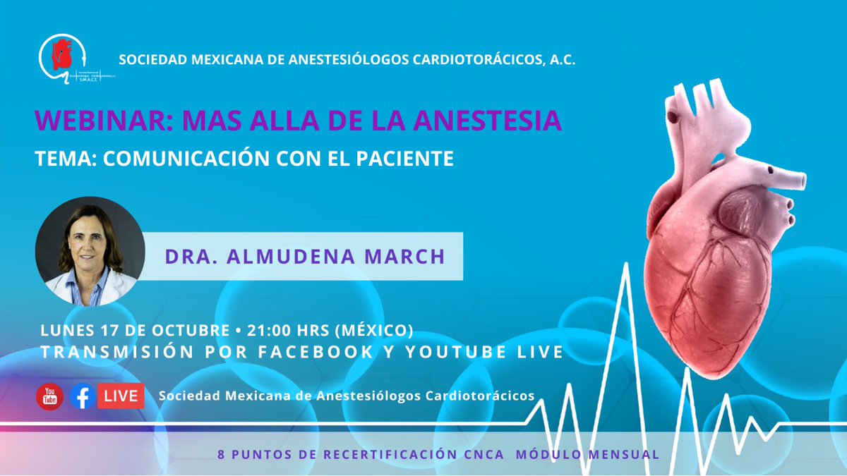 SMACT_'s tweet photo. El tema del día de hoy "Comunicación con el paciente", ingresa en https://t.co/X9dFnQUqA4 y no te lo pierdas hoy a las 21:00 hrs. Forma parte de la SMACT y obtén puntos de certificación, Ya puedes encontrar nuestro 10° Curso Anual. #WebinarsSmact #MasAlladelaAnestesia https://t.co/z3dDKc52Cz