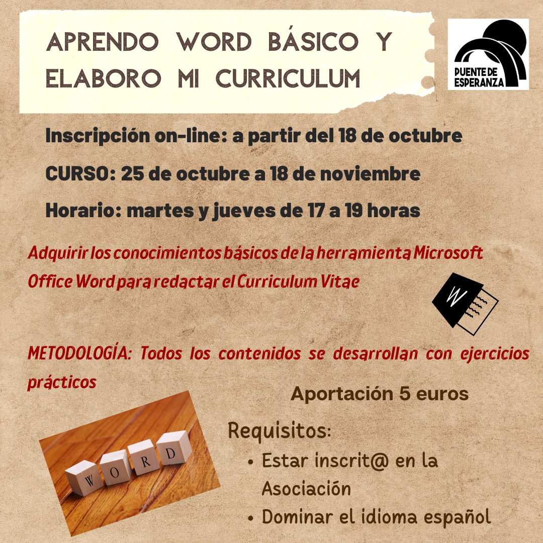 puente_madrid's tweet photo. @puente_madrid mañana abrimos la inscripción del curso de word aplicada a la búsqueda de empleo. No te olvides https://t.co/nLdk0HRZ1o