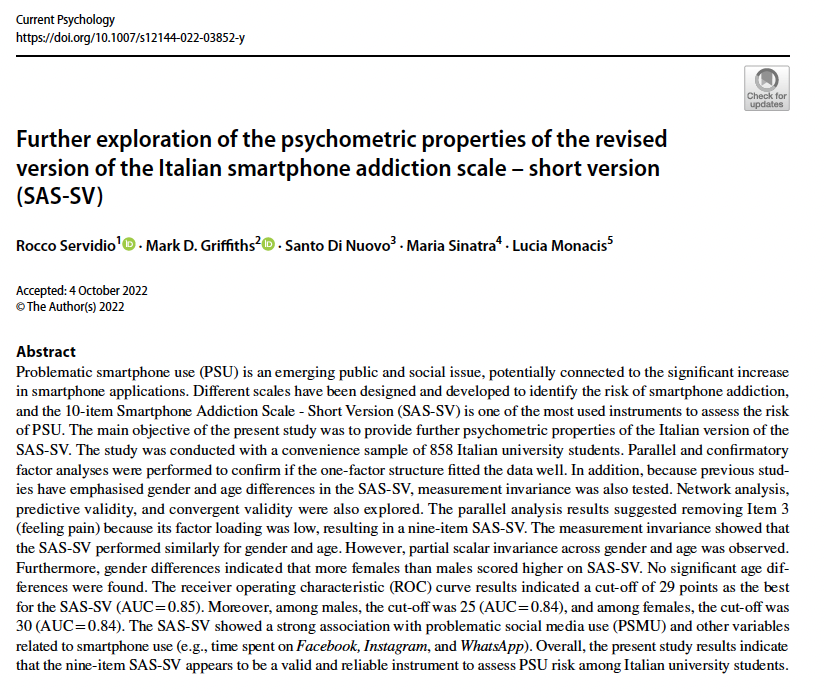 Mark Griffiths (@drmarkgriffiths) on Twitter photo Our latest psychometric paper on the Smartphone Addiction Scale has just been published in 'Current Psychology'. Free download at: bit.ly/3D3f21z <a href="/PsychologyNTU/">NTU Psychology</a> <a href="/NTUNews/">NTU Press Office</a> <a href="/ntu_research/">NTU Research</a> <a href="/BPSCyberPsych/">BPS Cyberpsychology</a> <a href="/NTUSocSciences/">NTU School of Social Sciences</a> Our latest psychometric paper on the Smartphone Addiction Scale has just been published in 'Current Psychology'. Free download at: bit.ly/3D3f21z <a href="/PsychologyNTU/">NTU Psychology</a> <a href="/NTUNews/">NTU Press Office</a> <a href="/ntu_research/">NTU Research</a> <a href="/BPSCyberPsych/">BPS Cyberpsychology</a> <a href="/NTUSocSciences/">NTU School of Social Sciences</a>