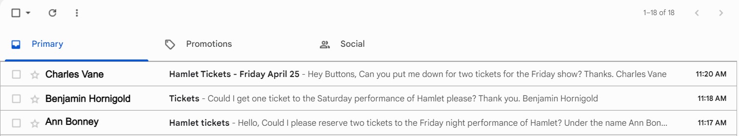 Emails from Ann Bonney, Benjamin Hornigold, and Charles Vane requesting tickets to the show