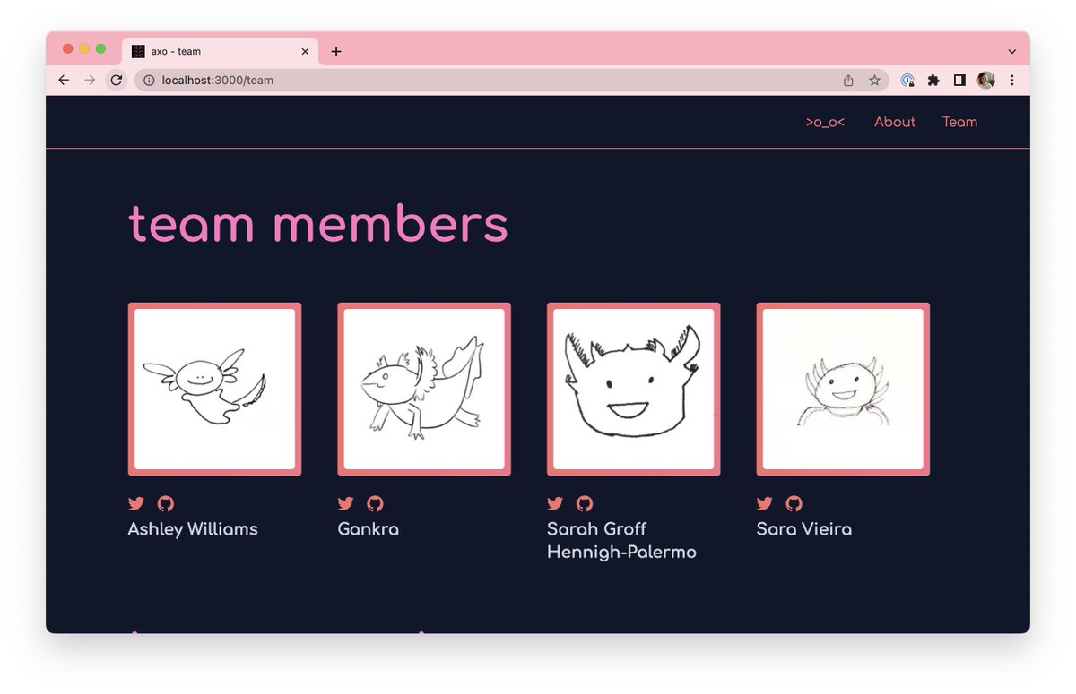 a screenshot of the axo website team page, where 4 team members are shown with pictures of hand drawn axolotls for each