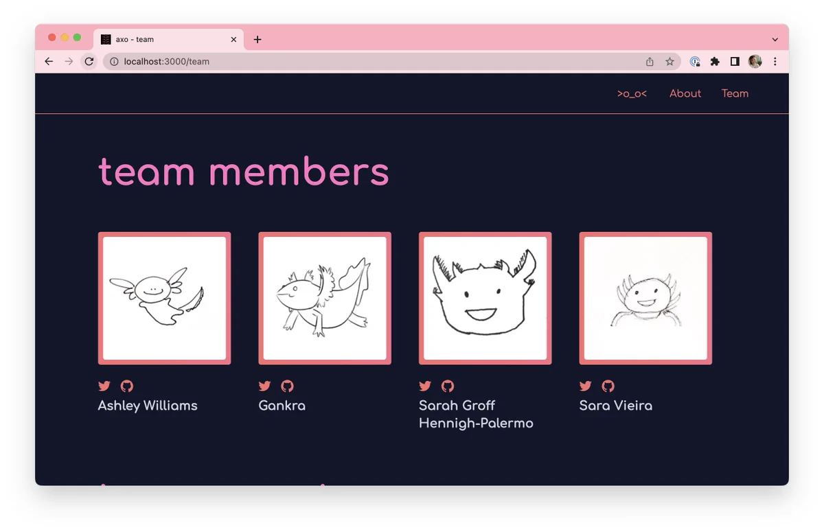 a screenshot of the axo website team page, where 4 team members are shown with pictures of hand drawn axolotls for each