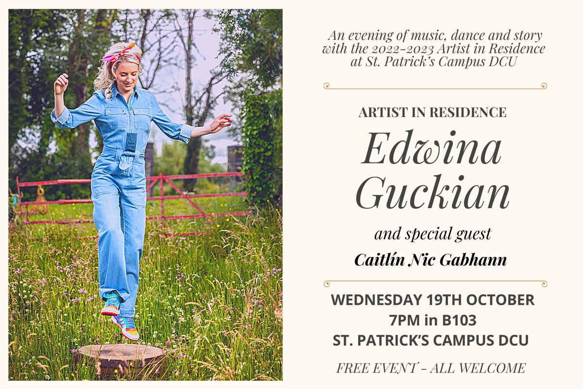 This Wednesday at 7pm on St. Patrick’s Campus DCU, Drumcondra I’ll be hosting my first event as artist in residence. An evening of music, dance and story alongside my friend @caitlinnicg Free event and all welcome! @artscouncil_ie @Music_DCU @DCULIB @DCU_IoE @DCU
