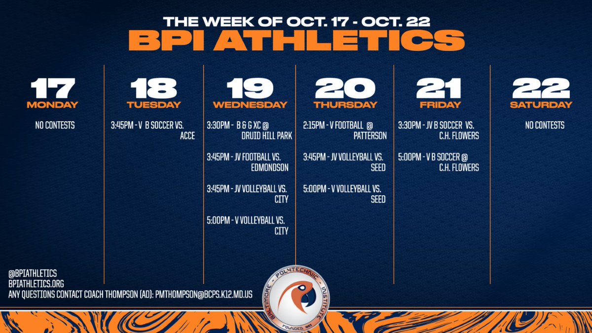 This week's sports post coming at ya! Good luck to all of our teams that compete this week! 🎉 @bpiathletics