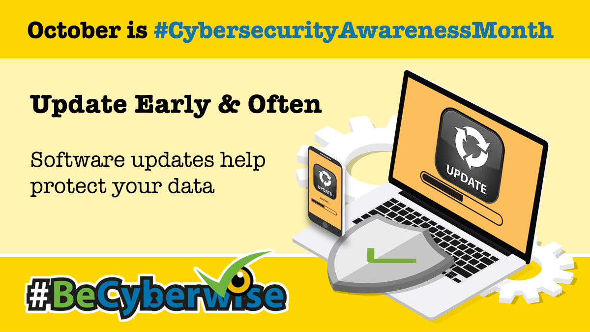 NTCAconnect's tweet photo. Happy Monday! #BeCyberwise tip this week: Don't put off software updates. They patch security flaws and help protect your data. It's one of the easiest ways to keep your information secure! Read more at https://t.co/vnsrSmsgar 
 #CybersecurityAwarenessMonth @StaySafeOnline https://t.co/0T9ujuwBdi
