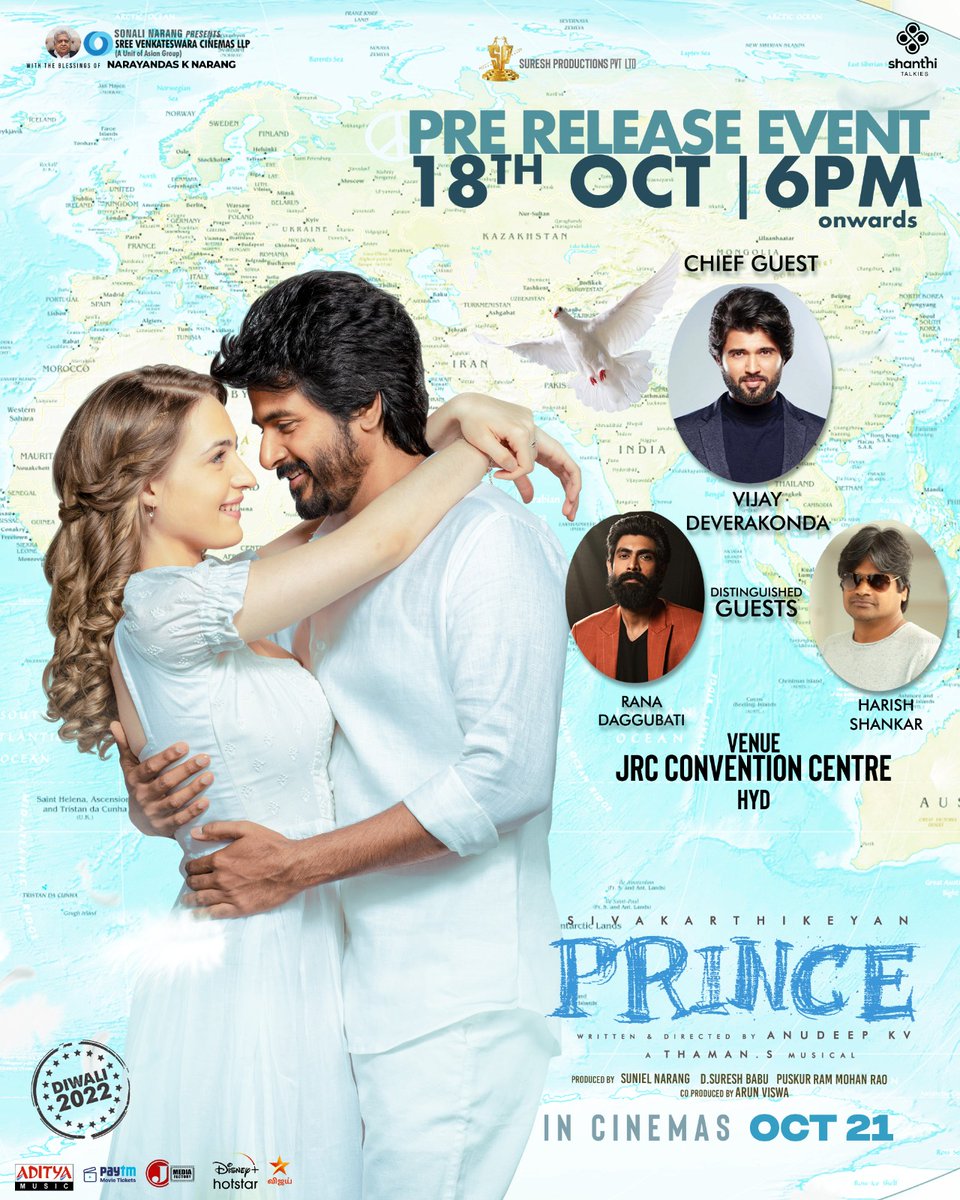 CineBook360's tweet photo. #Prince  Pre-Release Event tomorrow

 Chief guests 👌

 @TheDeverakonda
 @RanaDaggubati 
@harish2you 

📍JRC Convention, 6 pm onwards 

#PrinceOnOct21st
#PrinceDiwali 
@Siva_Kartikeyan
@anudeepfilm https://t.co/crreFt6Kj5