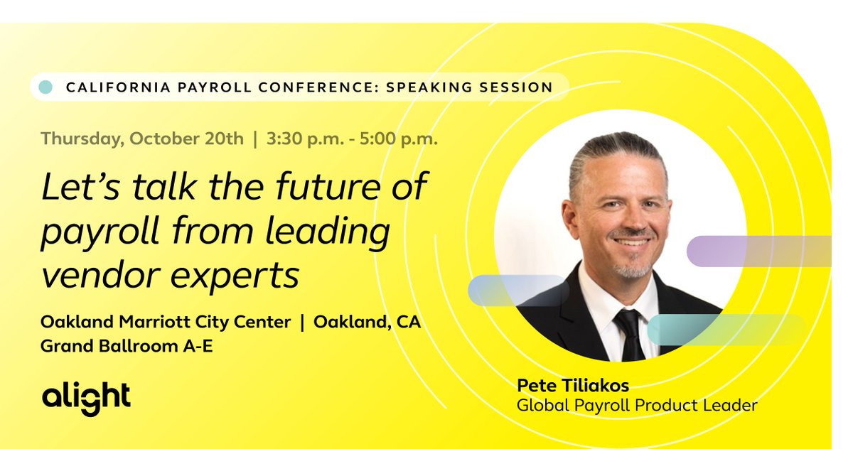 AlightSolutions's tweet photo. Attending California Payroll Conference? Catch Pete Tiliakos this Thurs, Oct 20 for the general session panel discussion on the future of payroll. #apa #payroll #powerinpayroll https://t.co/iJgHHZVtr7