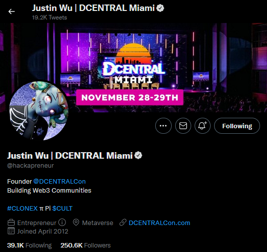 SΞRUM is amped to host the founder of <a href="/DcentralCon/">DCENTRAL Conference</a> : Justin Wu <a href="/hackapreneur/">Justin Wu</a> on our #spaces tomorrow/Tues @ 7pm EST. 
Yes, that Justin Wu. 
$SER launched less than six days ago and the legend who helped build #CLONEX π Pi $CULT wants to join us to discuss the future of #SER 🤯