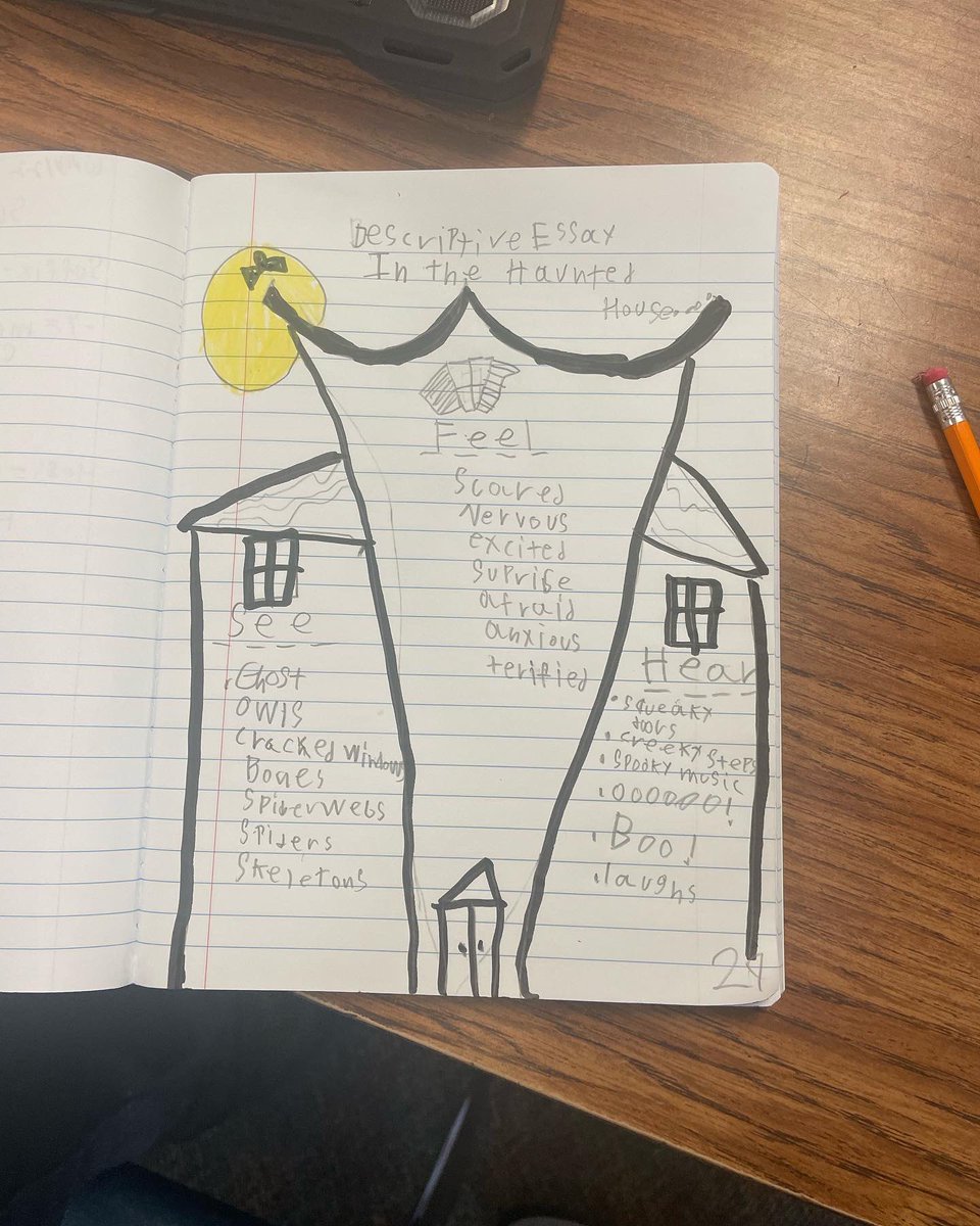 MrsCentenoo's tweet photo. We’re starting our writing unit on descriptive essays. Trying something new with this fun graphic organizer in this fine October month🎃👻 the first picture is mine, the second is my students’ version 😍 @ASJohnston1 #thirdgrade https://t.co/nwu3l8YfHy
