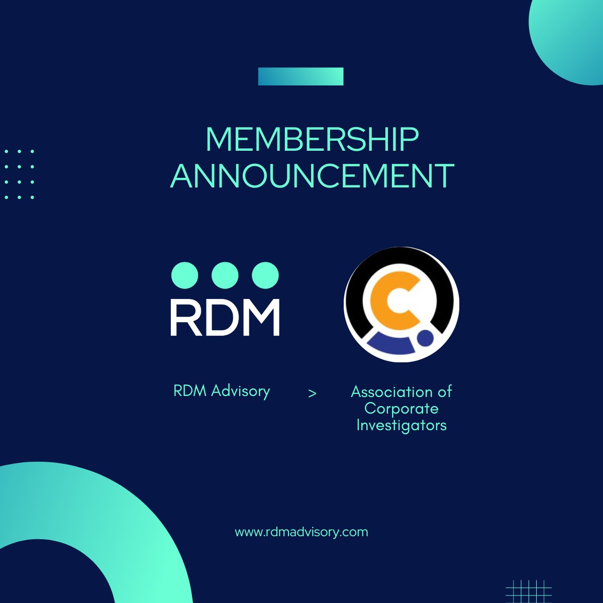 RDMAdvisory's tweet photo. We are now a member of @ACi_ExCo! Hope to grow together! #investigations #duediligence #compliance #riskmanagement https://t.co/NzrwmPRJjq