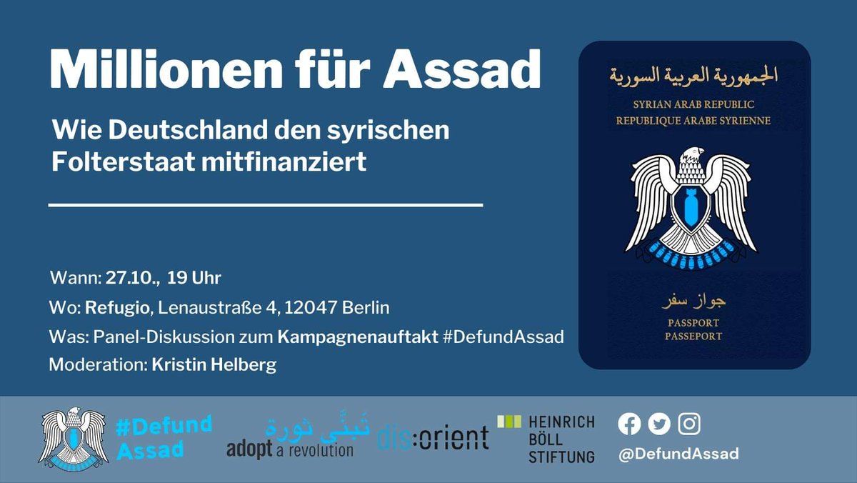 Am 27.10 um 19 Uhr im Refugio Berlin. Kommt zahlreich!
#DefundAssad