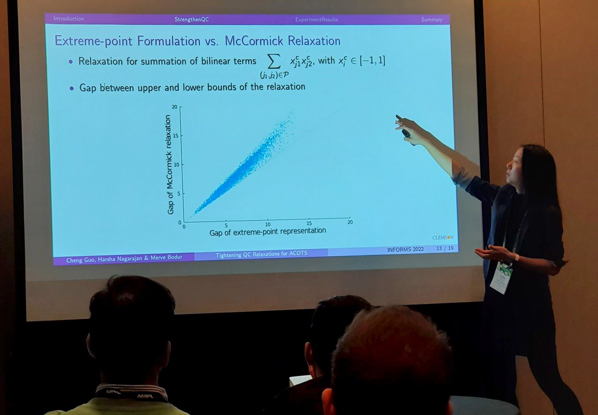 NagarajanHarsha's tweet photo. @chengg04 talking about strengthing relaxations for summation of bilinear terms with indicator variables in the ACOTS application. 
#INFORMS2022 #ORMS https://t.co/jg3VxJfuz6