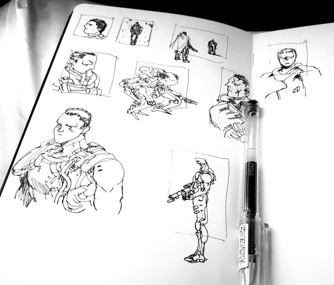 some small sketchbook pen warm-ups from yesterday, had to have a little mental health break. trying to get back at it 