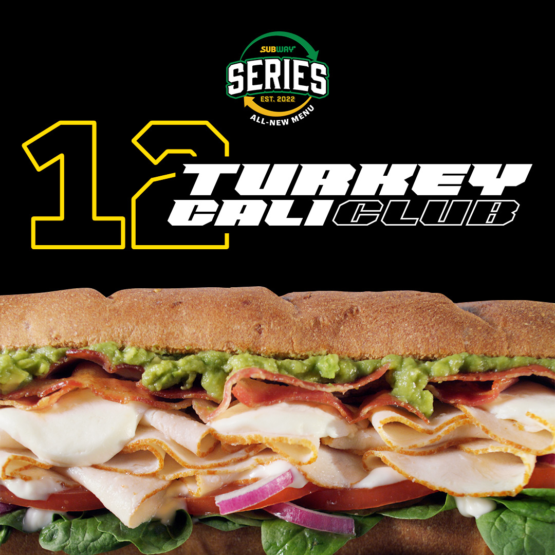 Manage your munchies with melty mozzarella, smashed avocado, bacon, turkey and a bed of veggies. Order #12 on the #SubwaySeriesMenu: The Turkey Cali Club™.