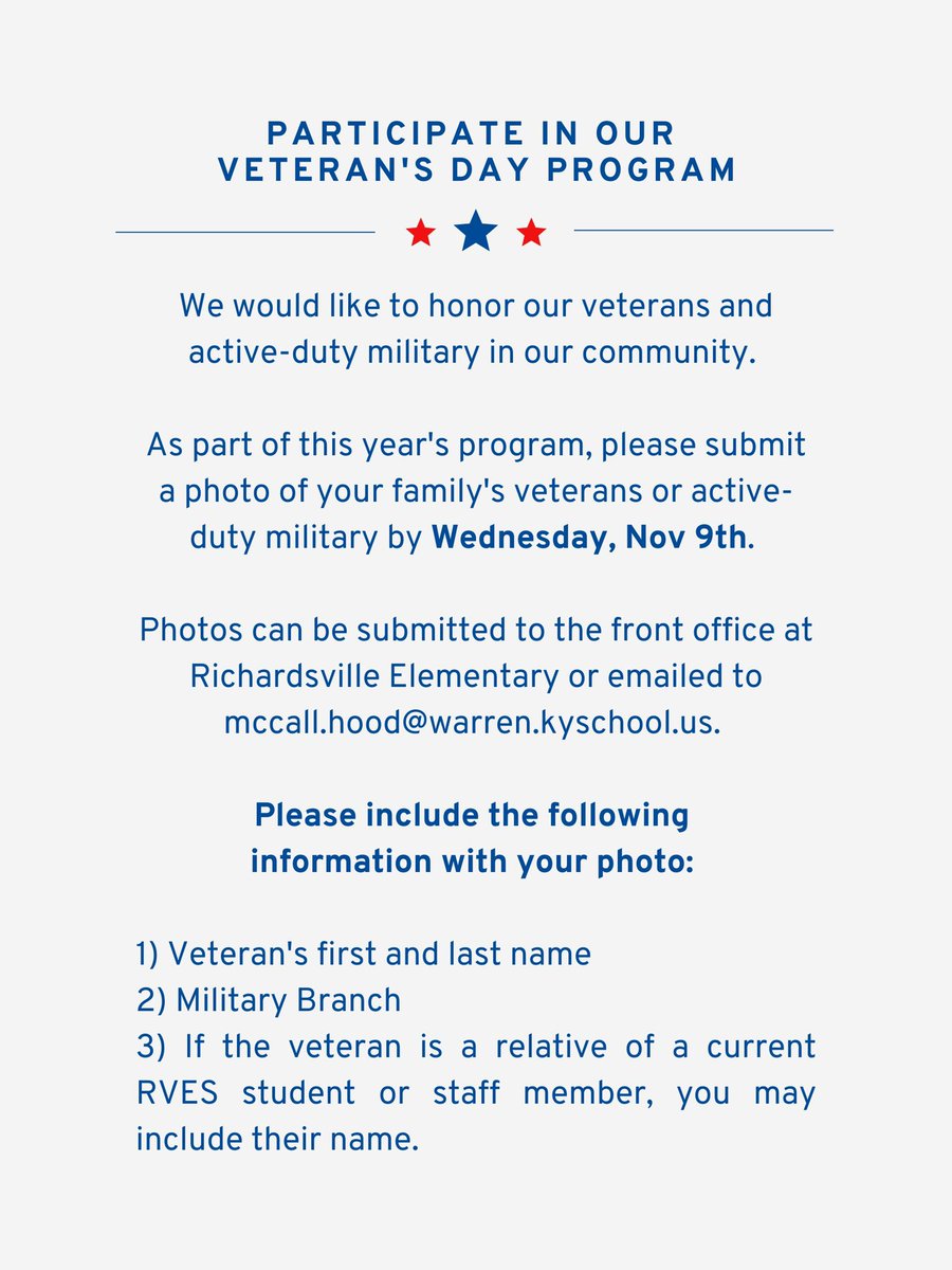 We are so excited to celebrate Veterans Day with our students, staff and community. Please feel free to submit a photo of your veteran or active-duty military to RVES before Nov 9th. <a href="/RichardsvilleEl/">Richardsville Elem</a>
