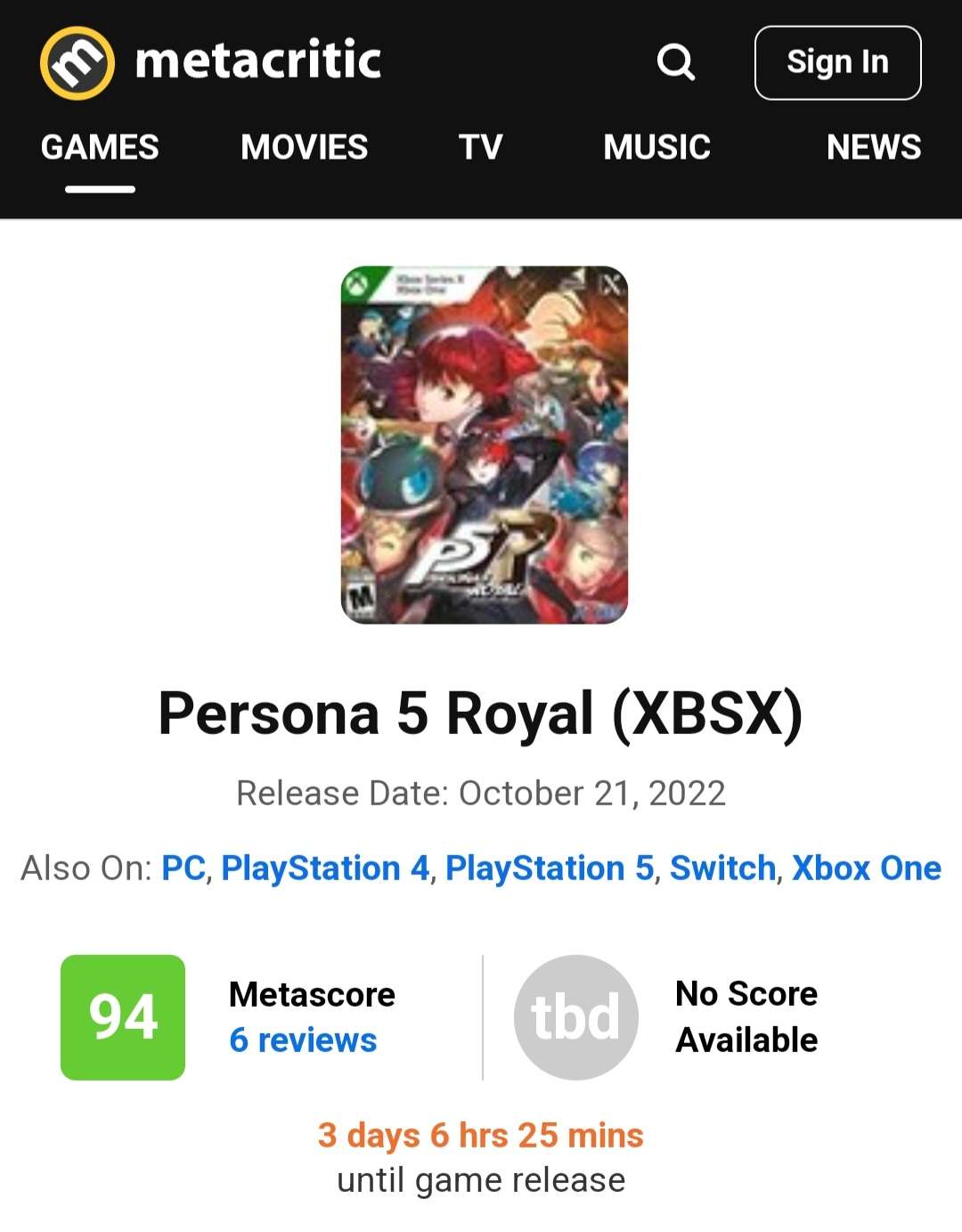 metacritic on X: Persona 5 Royal (Metascore Updates): [Switch - 94]   [PC - 97]  [XSX - 94]   Persona 5 Royal on PC is absolutely essential. -  The Mako Reactor