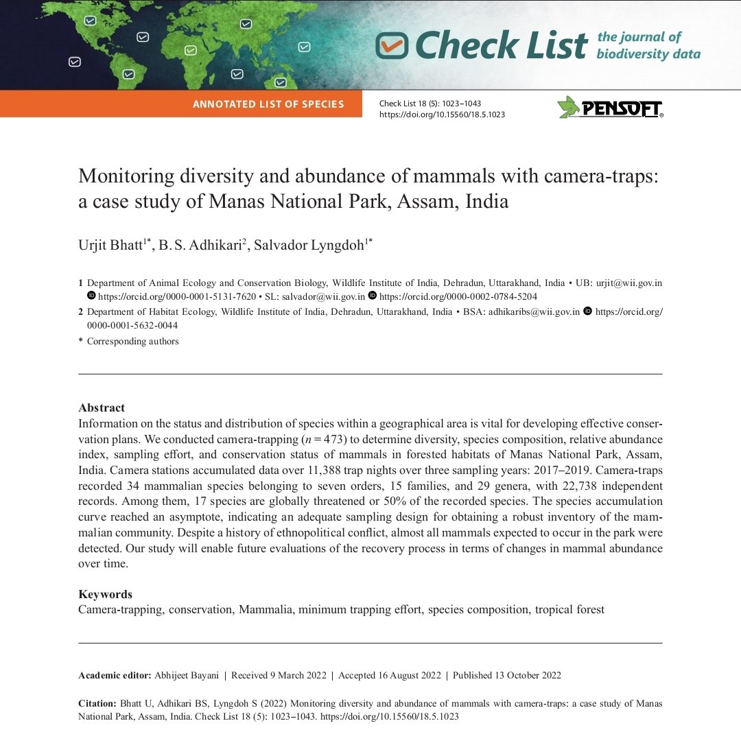 Happy to share our recent publication on monitoring diversity and abundance of mammals with camera-traps in forested habitats of Manas National Park, India

checklist.pensoft.net/article/83560/…

#cameratrapping #conflict #conservation #IUCN #mammalia #manasnationalpark #tropicalforest