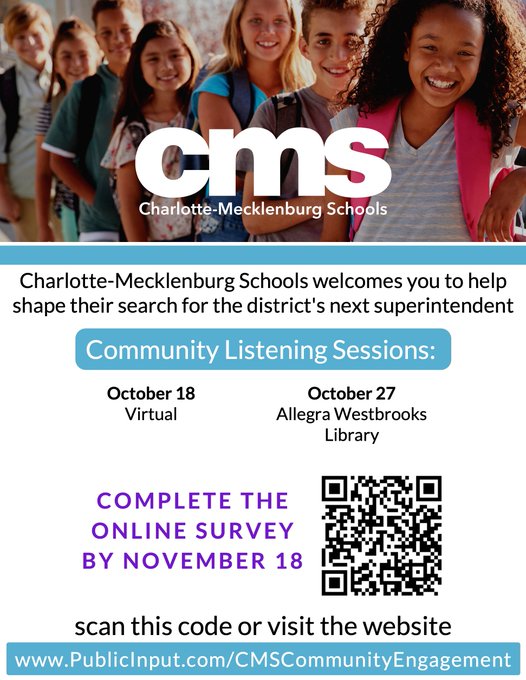 CMSboard's tweet image. Virtual listening session tonight at 6:00pm. 

To participate click here: cms-k12-nc-us.zoom.us/j/98529994199?….

The public can also listen and view the meeting at facebook.com/cmsboe.