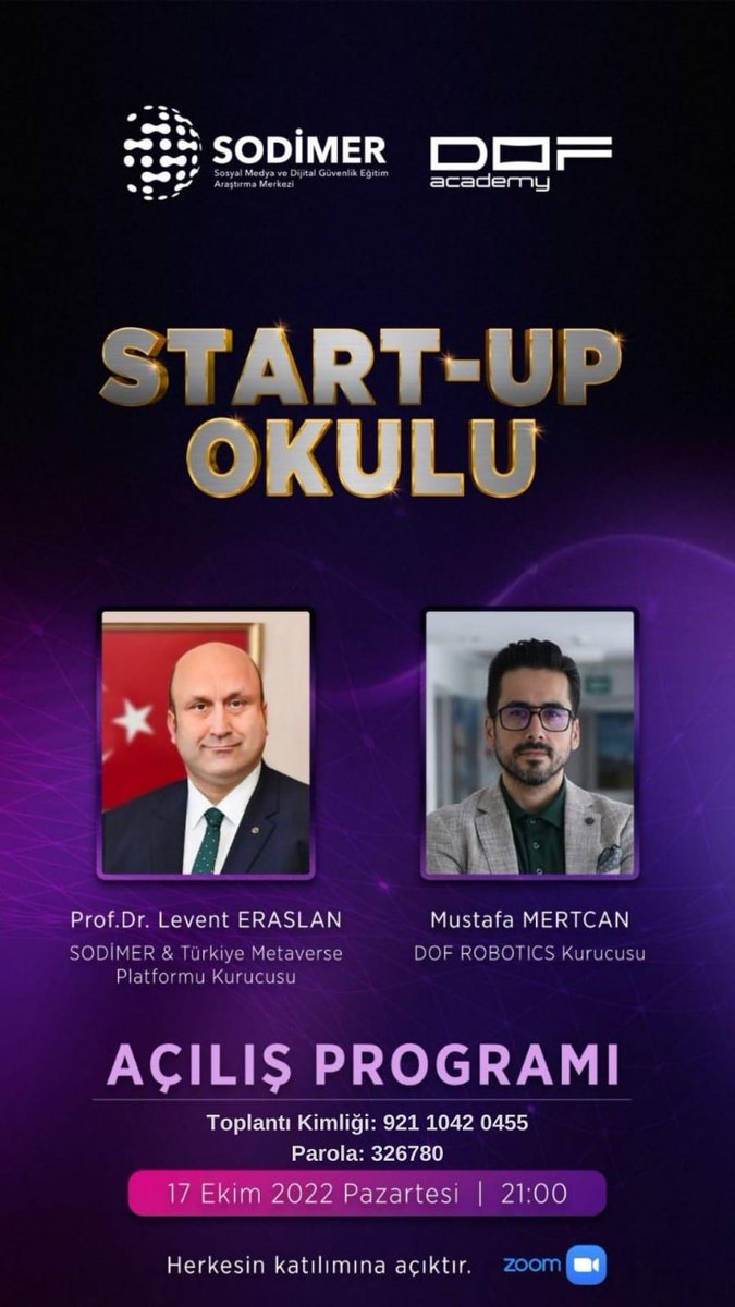 İlk dersimiz herkes açıktır, ilgilenleri bekleriz:

Konu: SODİMER&amp;DOF Start-Up Okulu Açılış Dersi
Saat: 17 Eki 2022 09:00 ÖS İstanbul

Zoom Toplantısına Katılın
lnkd.in/e5GPTQ-f

Toplantı Kimliği: 921 1042 0455
Parola: 326780