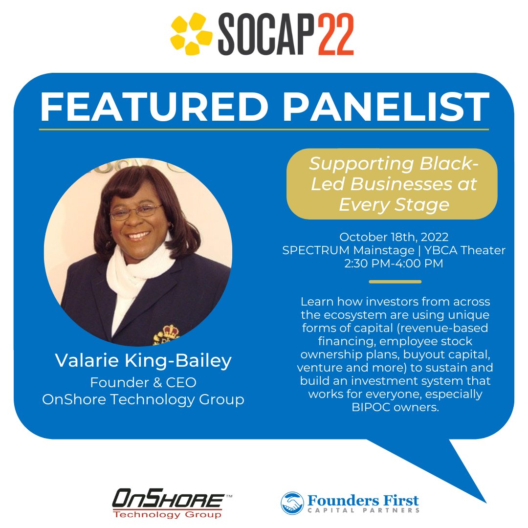 Founders1stCapital (@f1stcp) on Twitter photo Join us at <a href="/SOCAPmarkets/">SOCAP Global</a> from Oct.17th-20th in San Francisco. This event brings investors, entrepreneurs, and social impact leaders to accelerate progress against tough challenges through market-based solutions. <a href="/vkbailey/">Valarie King-Bailey</a> will also be a featured panelist on Oct. 18th.
#SOCAP22 Join us at <a href="/SOCAPmarkets/">SOCAP Global</a> from Oct.17th-20th in San Francisco. This event brings investors, entrepreneurs, and social impact leaders to accelerate progress against tough challenges through market-based solutions. <a href="/vkbailey/">Valarie King-Bailey</a> will also be a featured panelist on Oct. 18th.
#SOCAP22