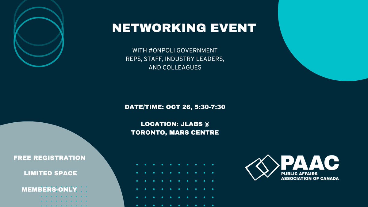 PAAC84's tweet image. Calling all @PAAC84 members! Join PAAC Ontario on Oct 26 for a members-only networking event with #onpoli government reps, staff, industry leaders, and colleagues! 
Not a member? Now’s a great time to sign up!

Space is limited so don’t miss out!
bit.ly/3T5soQz