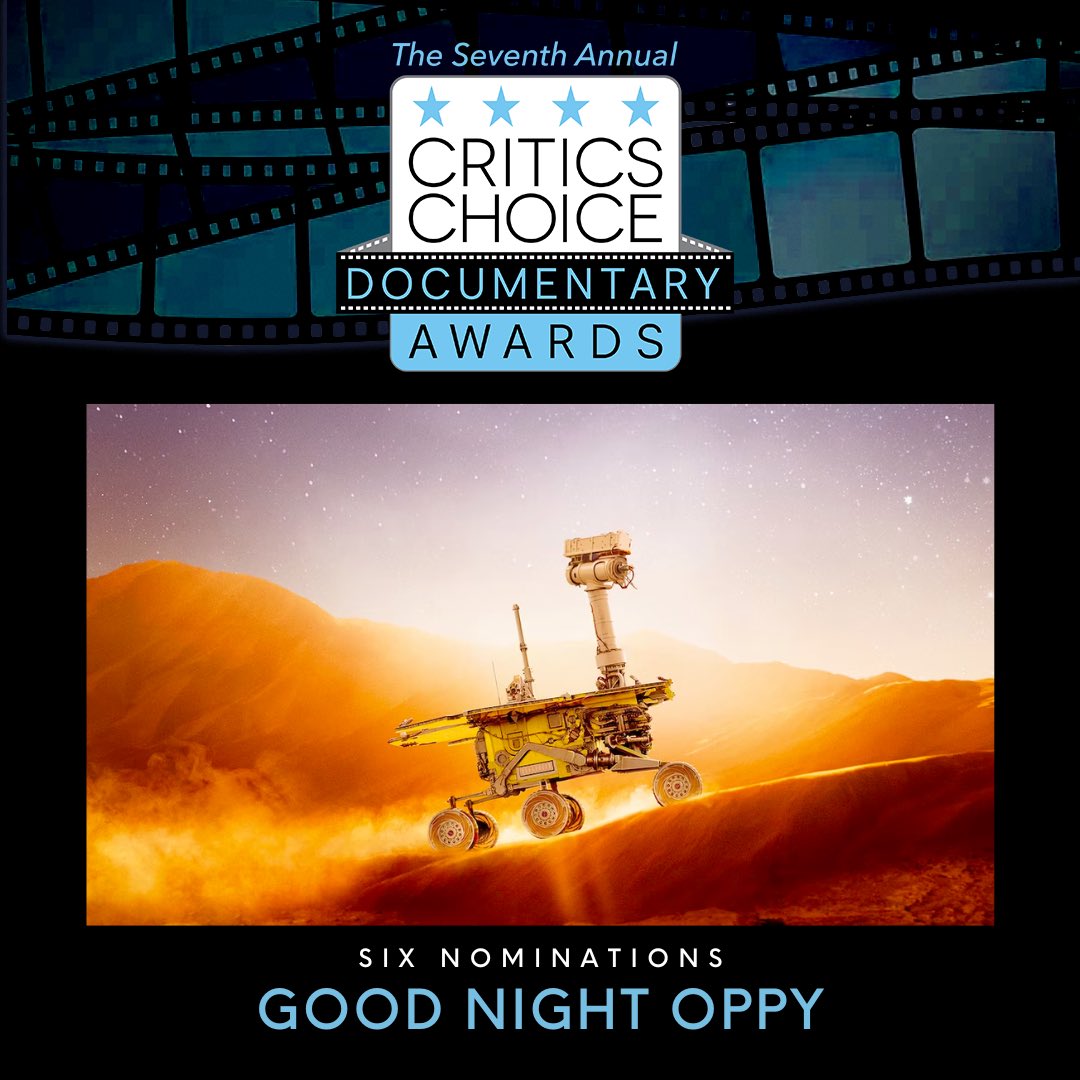 Congratulations to #GoodNightOppy on being recognized w/ SIX #CriticsChoice #documentaryawards nominations, including #BestDocumentaryFeature, #BestDirector, #BestEditing, #BestScore, #BestNarration, & #BestScience /#BestNatureDocumentary #CCADoc #criticschoice #ccadocumentary