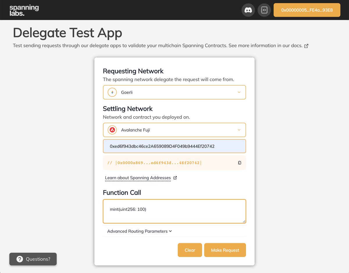 SpanningLabs's tweet photo. So you've deployed a Spanning contract, now what? 

Test sending cross-chain requests to that contract through our new delegate testing app! And as always - there's supporting tutorials in our docs. 

Test on fellow devs 👩‍🔬

https://t.co/NOssT5jWKL https://t.co/S5KfySLYqk
