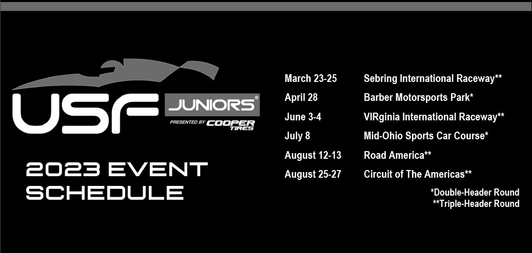 The 2023 @USFProChamps schedule release is here! Featuring 18 races for both @USFPro2000 and @USF2000, 16 races for @USFJuniors, and an increase in scholarship prizes. More here: usfpro2000.com/news/andersen-… #TeamCooperTire l #USFPro