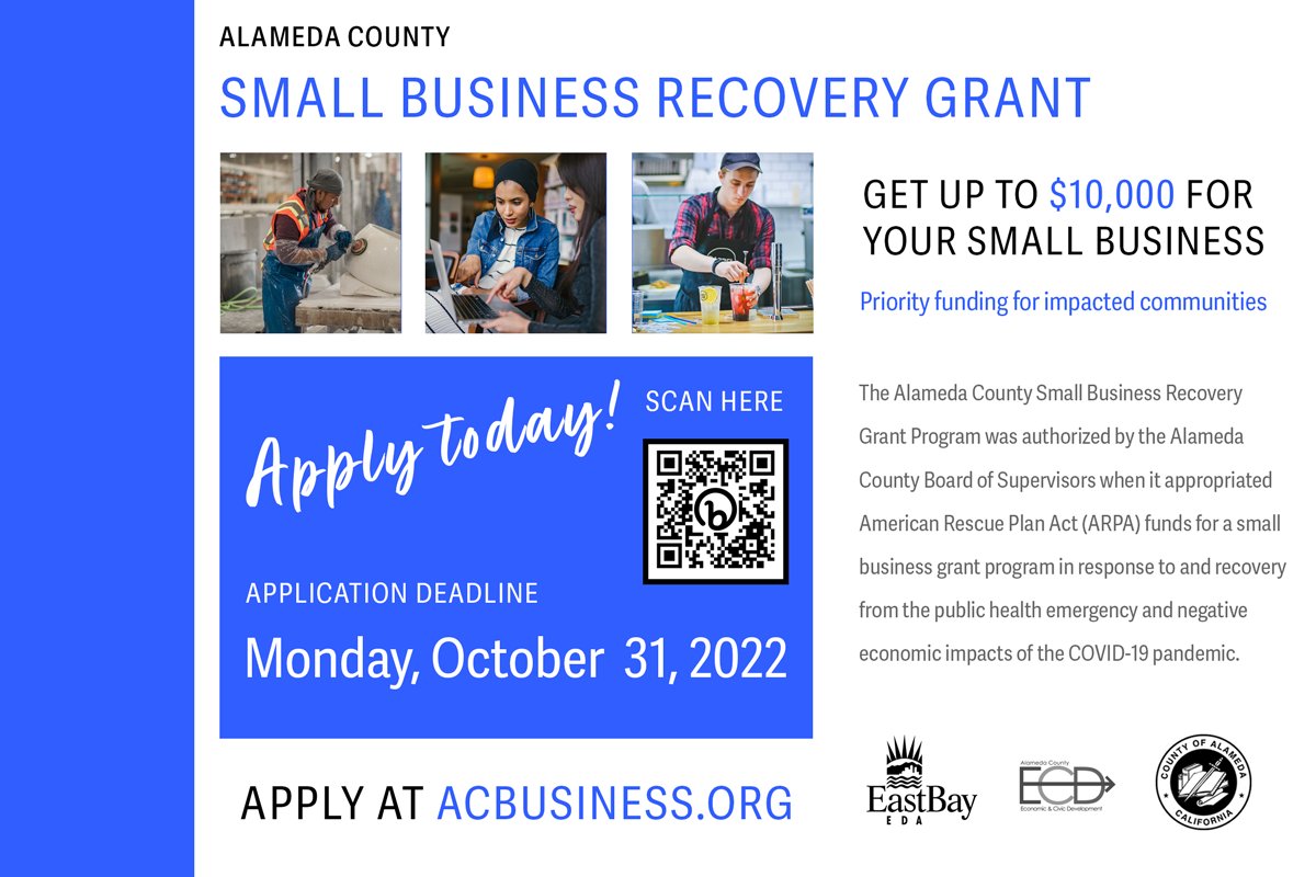 The #AlamedaCounty #SmallBusiness Recovery Grant Program closes in two weeks on 10/31. The program is providing eligible brick-and-mortar businesses with a one-time #grant of $10,000 and home-based businesses with $5,000. Learn more and apply today! bit.ly/acbusiness22