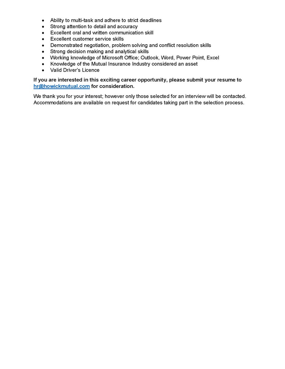 Career Opportunity - Claims &amp; Loss Prevention Manager.  If you are interested in joining the Howick Mutual Insurance Team, see details below.