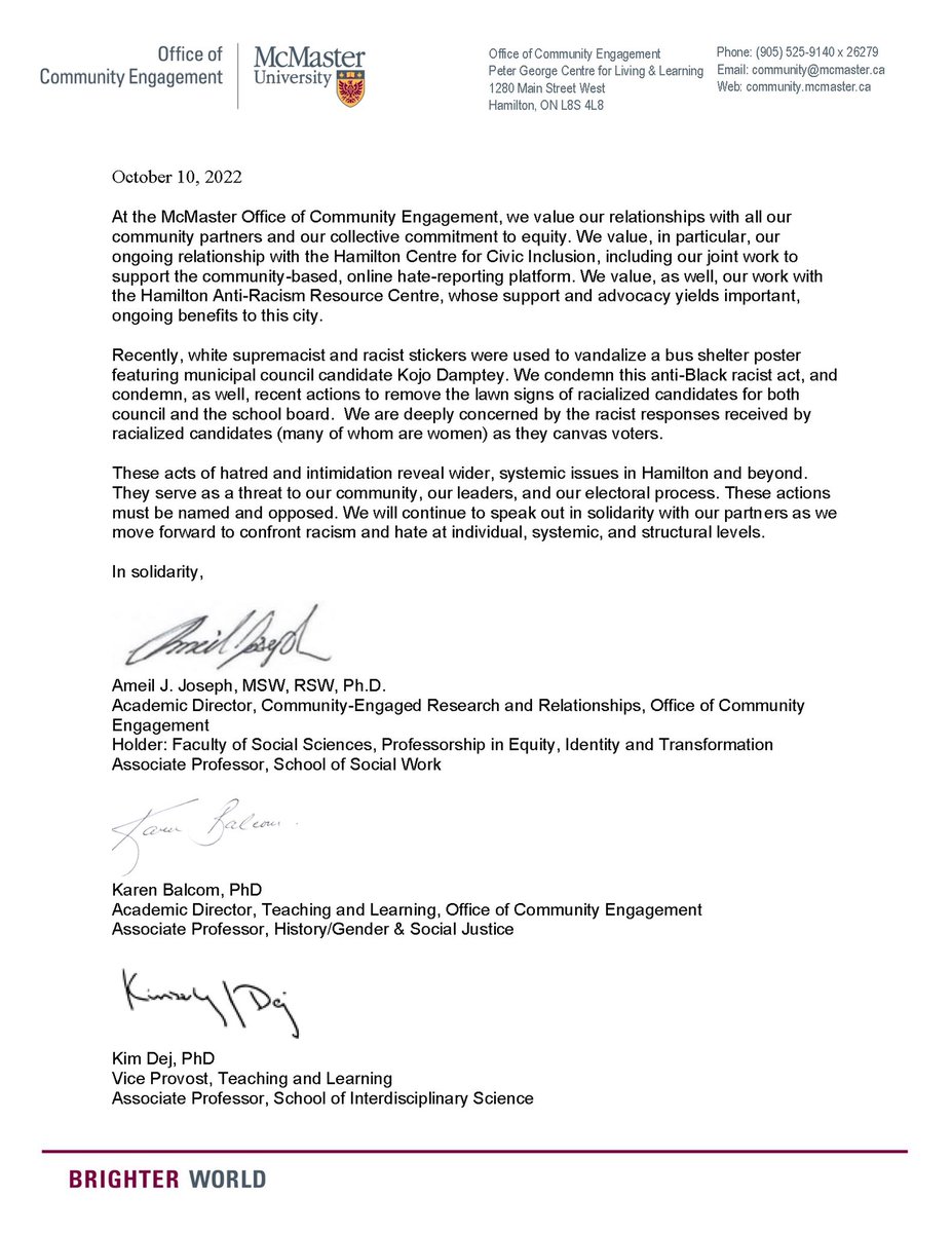 McMasterOCE's tweet photo. In light of recent racist campaign defacements in Hamilton, we stand in solidarity with all racialized candidates. 

Read our full statement of solidarity: https://t.co/IaLLpAfHuR https://t.co/nflh069hdJ