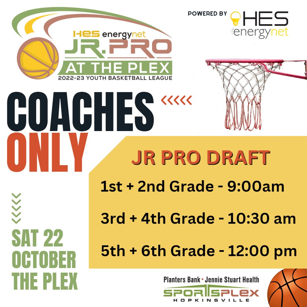 🏀 JR PRO COACHES - We'll see you this Sat, Oct 22, here at #ThePlex for the draft! *COACHES ONLY* Please times for each grade.

#JrProAtThePlex powered by <a href="/HopElectric/">HES | energynet</a>💡
#youthbasketball #basketballleague #hopkinsvilleevents #hopkinsvillesports #youthsports #hoptownsportsplex