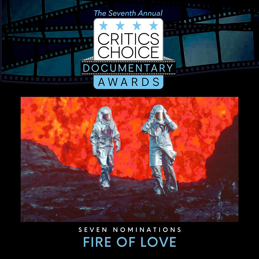 Congratulations to #FireofLove leading w/ 7 #CriticsChoice Documentary award nominations‼️#BestDocumentaryFeature, #BestDirector, #BestEditing, #BestScore, #BestNarration, #BestArchivalDocumentary, & #BestScience/ #NatureDocumentary. #CCDoc #criticschoice #ccadocumentary