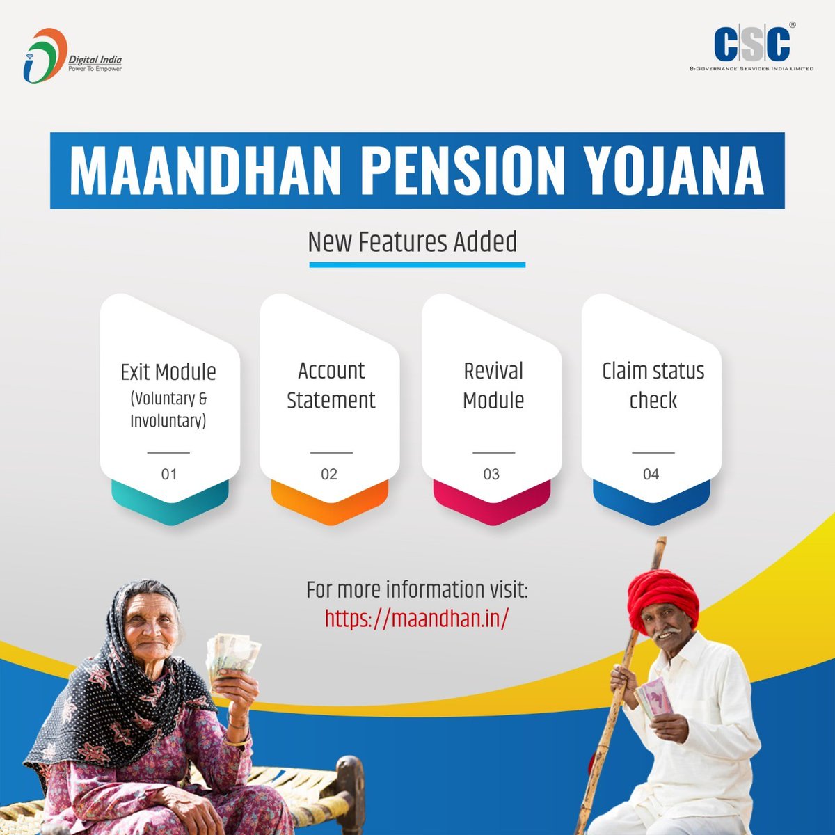 CSCegov_'s tweet photo. New features added in Maandhan Pension Yojana.

Kindly visit https://t.co/K92gQ6JBro to update the customer-required details.

#CSC #DigitalIndia #RuralEmpowerment #MaandhanPensionYojana #mondaythoughts https://t.co/VZ9i4nqAaF