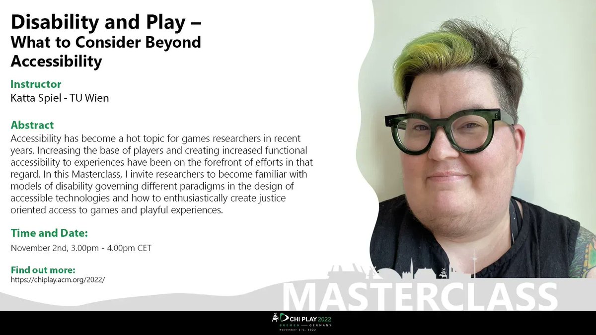 #CHIPLAY wants to help you design even better games and experiences, that’s why we are happy to have the masterclass “Disability and Play - What to Consider Beyond Accessibility”. Don’t miss it! #chiplay22 <a href="/sigchi/">ACM SIGCHI</a> #sigchi